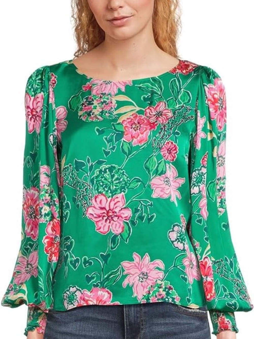 Lilly Pulitzer Green Floral Long-Sleeve Silk-Look Blouse with Pink Print